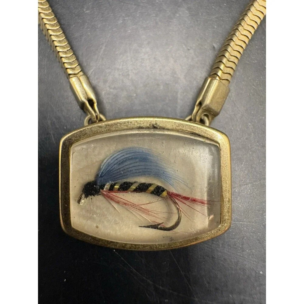 Vintage Anson Fishing Tie Clip Real Fly Fisherman Oval Gold Tone Essex Fishing